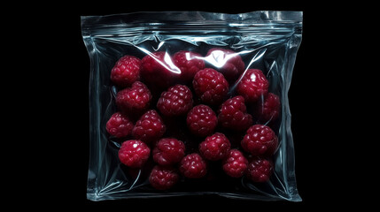 photo of a vacuum-sealed bag filled with fruits/berries studio product photography, hard plastic reflections, soft studio lighting, central composition, shot with 50mm lens, black background, contempo