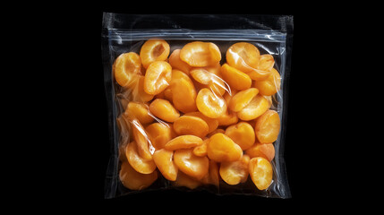 photo of a vacuum-sealed bag filled with fruits/berries studio product photography, hard plastic reflections, soft studio lighting, central composition, shot with 50mm lens, black background, contempo