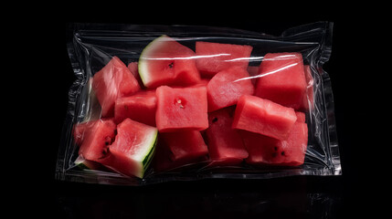 photo of a vacuum-sealed bag filled with fruits/berries studio product photography, hard plastic reflections, soft studio lighting, central composition, shot with 50mm lens, black background, contempo