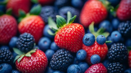 Obraz premium Close-up of fresh mixed berries including strawberries blueberries raspberries and blackberries in vibrant colors
