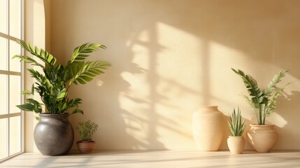 Fototapeta premium Houseplants and pottery in natural sunlight casting shadows on warm beige wall interior design