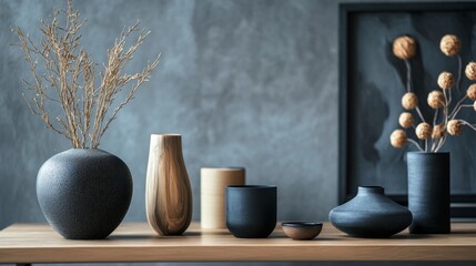Modern ceramic vase collection with dried plants against dark concrete background in interior design setup