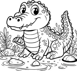 Cute crocodile cartoon coloring page illustration vector. For kids coloring book