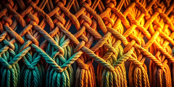 Close-up Top View of Handmade Macrame Background, Intricate Cotton Thread Braiding, Night Photography