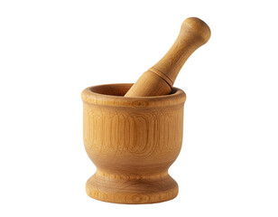 Wooden mortar and pestle for grinding spices herbs and ingredients isolated on a transparent background
