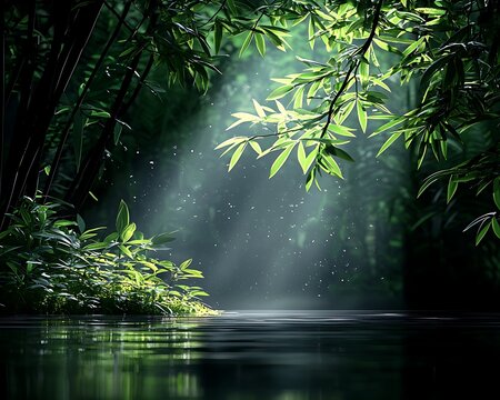 Lush bamboo forest path bathed in sunlight