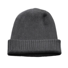 A gray knitted winter hat, offering warmth and style. A simple and classic piece of winter clothing, perfect for any cold day.