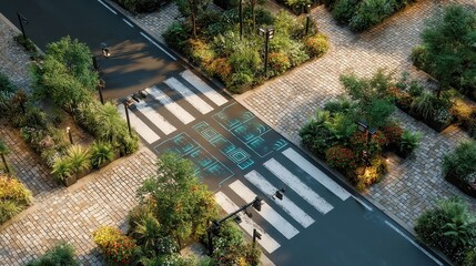 Obraz premium Smart City Road with Interactive Zebra Crossing Sensors, futuristic urban design, advanced technology integration, pedestrian safety features, vibrant city life, sustainable infrastructure