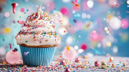 Whimsical cupcake with frosting and colorful sprinkles in pastel background scene with candy decorations