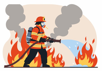 Brave Firefighter Combating Fire with Water Hose