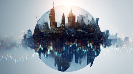 digital globe surrounded by financial symbols, overlaid with silhouettes of US and China landmarks, double exposure with fluctuating line charts, tech-inspired design