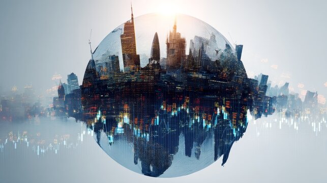 digital globe surrounded by financial symbols, overlaid with silhouettes of US and China landmarks, double exposure with fluctuating line charts, tech-inspired design