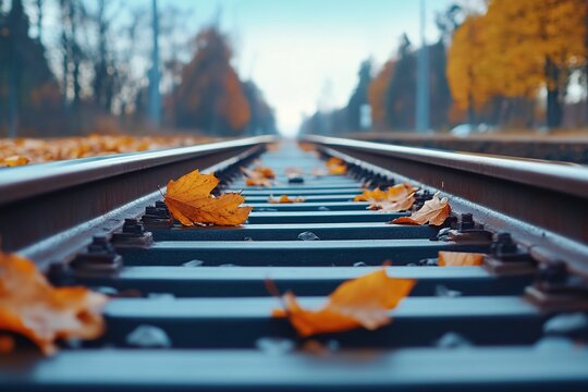 Autumn's passage, Railway tracks adorned with fallen leaves tranquility