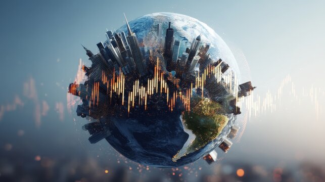 digital globe surrounded by financial symbols, overlaid with silhouettes of US and China landmarks, double exposure with fluctuating line charts, tech-inspired design