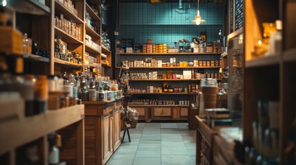 Naklejka premium Cozy grocery store with wooden shelves and warm lights in rustic organic food market decor scene