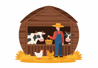 Illustration of Farmer with Cows and Chickens in Barn