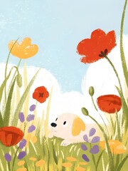 A cute yellow and white puppy peacefully resting in a lush green meadow full of blooming wildflowers,  poppies, lavender, blossoms, the puppy is sleeping peacefully.  Kids room wall art poster.