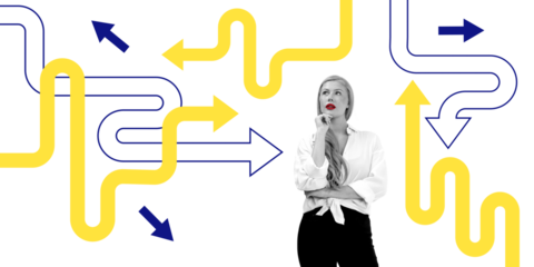 Woman in white shirt on white background, surrounded by abstract yellow and blue arrows, representing decision-making and direction concepts