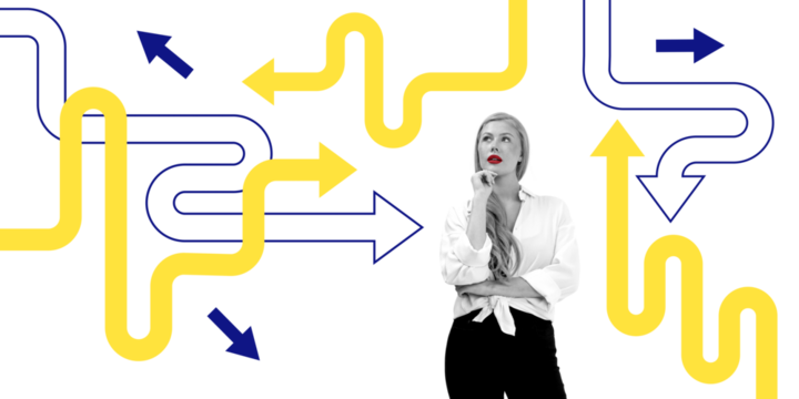Woman in white shirt on white background, surrounded by abstract yellow and blue arrows, representing decision-making and direction concepts