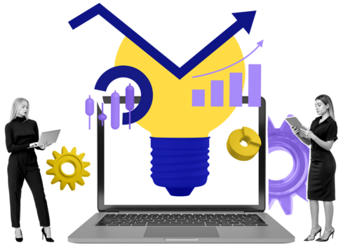 Two women with digital devices beside a laptop showing a yellow light bulb, graphs, and gears in a modern design style on a white background for innovation