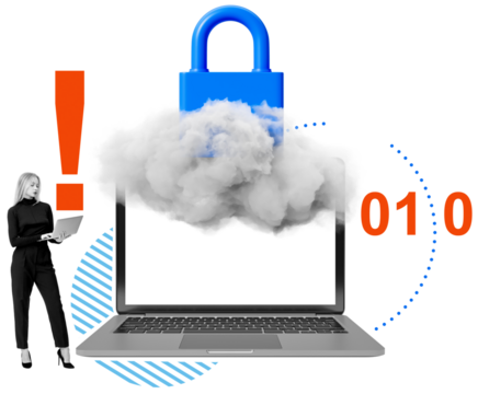 Woman holding laptop beside cloud lock and binary code in a modern collage layout on white background, symbolizing cloud computing security concept