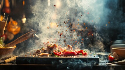 Street barbecue grill in night market with smoke fire and food flare cooking action street food scene