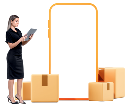 Businesswoman holding tablet near large smartphone frame with cardboard boxes, isolated on white background. Concept of online shopping and logistics