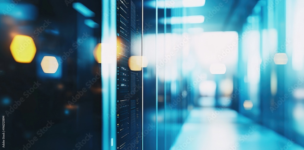 Poster blurred view of a modern data center hallway with glowing blue servers and ambient bokeh, perfect fo