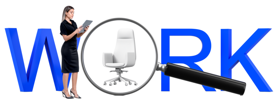 Businesswoman indress holding tablet stands near bold blue word WORK, magnifying glass highlights white office chair, isolated on white background