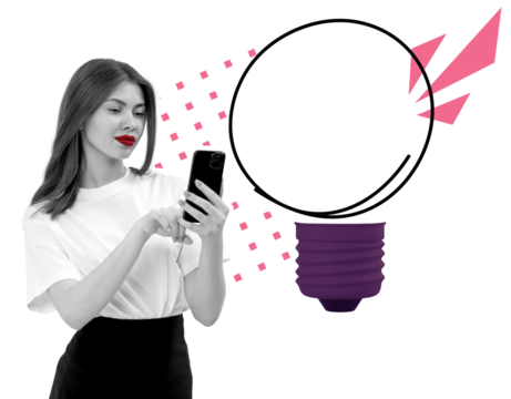 Woman holding smartphone in clean collage style with abstract light bulb graphic beside her, minimal layout on white background, concept of creativity
