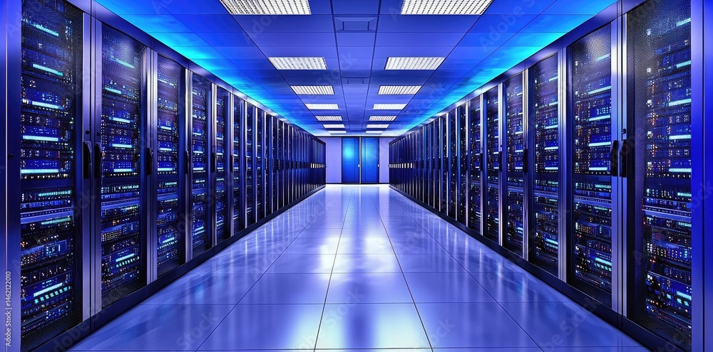 Poster Symmetrical rows of blue lit server cabinets in a pristine data center, ideal for cloud computing visuals, IT security, and digital infrastructure themes