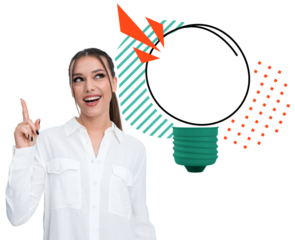 Happy woman in white shirt pointing up beside abstract lightbulb sketch with geometric elements on clean white background, concept of creativity