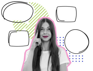 Woman in white shirt isolated on white background with empty speech bubbles, colorful abstract shapes, and a creative thinking concept layout design