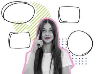 Woman in white shirt isolated on white background with empty speech bubbles, colorful abstract shapes, and a creative thinking concept layout design