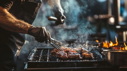 Chef grilling meat with fire flames and smoke on barbecue at night food preparation scene