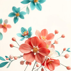 Obraz premium Spring celebration banner with abstract teal and coral flowers on pale