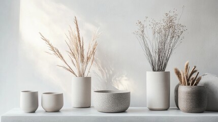 Ceramic vases with dried plants in white neutral space Scandinavian home style interior minimalist decor scene