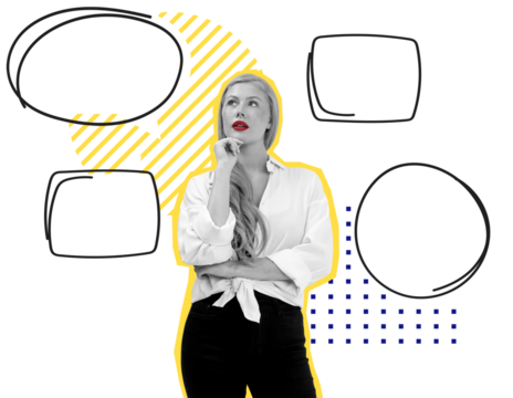 Woman isolated on white background, graphic style speech bubbles and abstract elements, concept of thinking or brainstorming template design