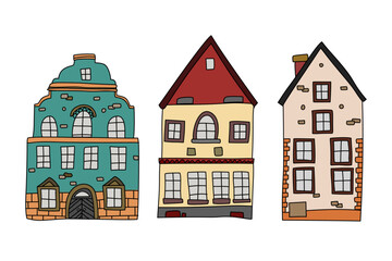 Fototapeta premium Hand Drawn European Style Colorful Old Town Buildings. Cartoon Vector Illustration of Vintage Apartments and City Houses with Unique Architecture