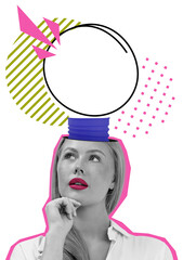 Woman in thoughtful pose with colorful abstract shapes and light bulb cutout above head on white background, concept of creativity and inspiration