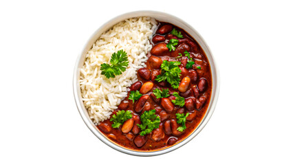 Top view of kidney beans curry with white rice garnished with parsley on white background


