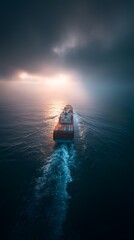 A massive cargo ship sails through the vast ocean under a dramatic sky with sunlight piercing through dark clouds creating a serene yet powerful maritime scene