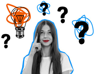 Woman isolated on white background, surrounded by question marks and a lightbulb sketch, collage...