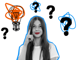 Woman isolated on white background, surrounded by question marks and a lightbulb sketch, collage style, concept of creativity, thinking, and ideas