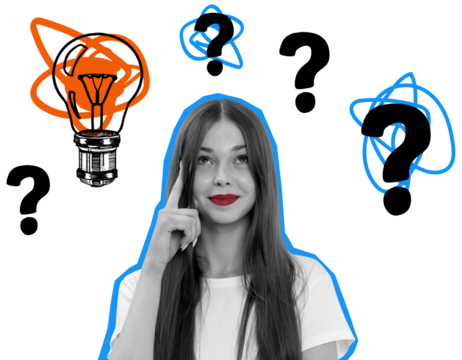 Woman isolated on white background, surrounded by question marks and a lightbulb sketch, collage style, concept of creativity, thinking, and ideas