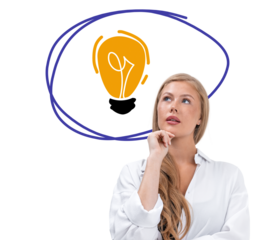Woman in white shirt thinking with hand on chin, drawn lightbulb above her head, clean isolated style on white background, concept of inspiration