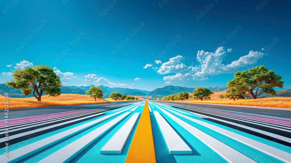 Aufkleber vast highway serenity, expansive view of an empty highway featuring a freshly painted zebra crossing