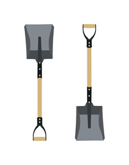 Flat illustration of two garden shovels with wooden handles and metal blades isolated on white