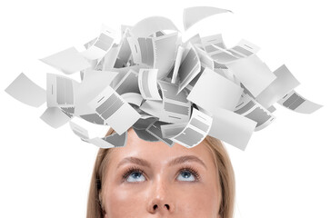 Woman's face looking up with floating papers above her head, realistic style, isolated on white background, concept of stress, thoughts, or ideas