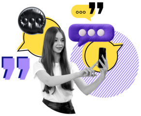 Girl taking selfie with phone surrounded by purple and yellow speech bubbles, symbols, and quote marks in creative collage style on white background